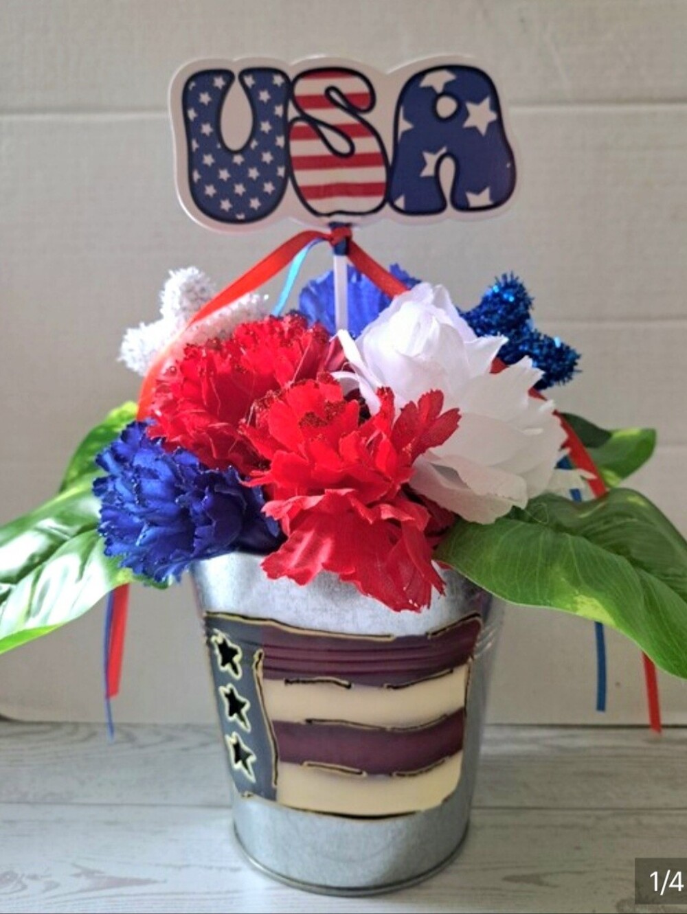 Patriotic Floral Arrangement in Metal Flag Bucket Tabletop July 4th Decor